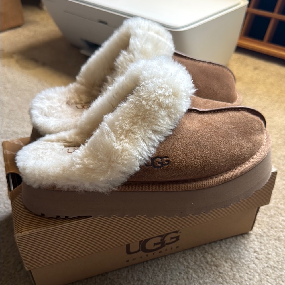 UGG Tan and Cream Shearling Slippers